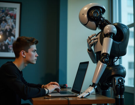 young programmer sitting at laptop with standing ai assistant robot. generative AI
