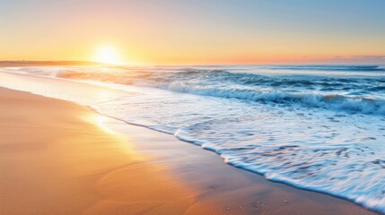 a tranquil coastal scene painted with the colors of sunrise, with golden light painting the sky and gentle waves lapping at the shore, white space in the center of the page for text
