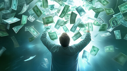 Person celebrating with flying dollar bills in bright light