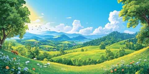 Obraz premium Vibrant meadow with blooming flowers and mountains