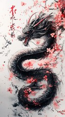 Black dragon coiled amidst vibrant cherry blossoms.