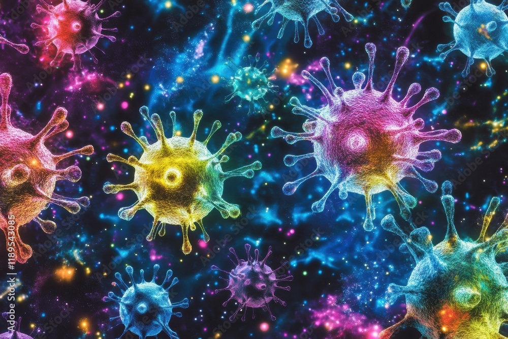 Poster viruses interacting with cells in a vibrant, abstract environment showcasing intricate biological me