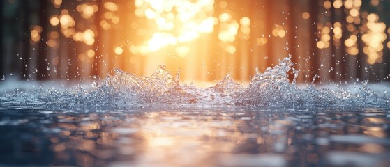 Sunlit Forest Stream with Splashing Water at Sunset