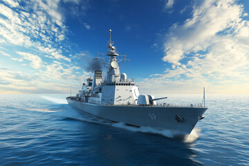 modern warship sailing in still water.  