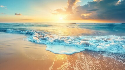 a tranquil coastal scene painted with the colors of sunrise, with golden light painting the sky and gentle waves lapping at the shore, white space in the center of the page for text