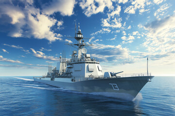 Obraz premium Large grey modern warship sailing in still water. Clear blue sky.