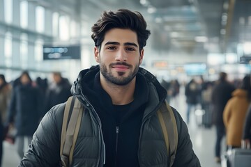 Dynamiczne ujęcia młodych podróżników na lotnisku z plecakami i walizkami, idealne do promocji turystyki, artykułów o podróżach, lifestylowych treści i materiałów reklamowych