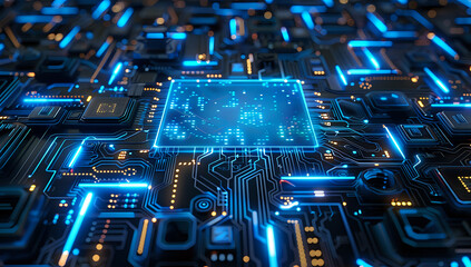 Obraz premium Futuristic glowing blue microchip on circuit board with digital connections, perfect for technology, artificial intelligence, and computing concepts in modern design projects.