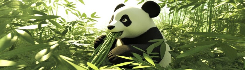 Panda Enjoying Bamboo in Lush Forest Setting A Serene Wildlife Moment Captured in Nature