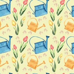 The Watering Can and Tulips pattern. Watercolor illustration, drawing for fabric.