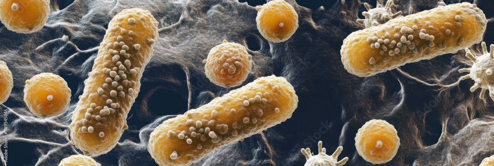 Poster Close up view showing microbes found on surfaces like smartphones and door handles in everyday environments. Generative AI