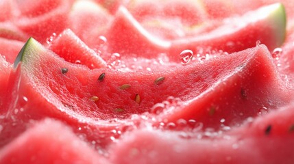 close up of many watermelon slices with water droplets