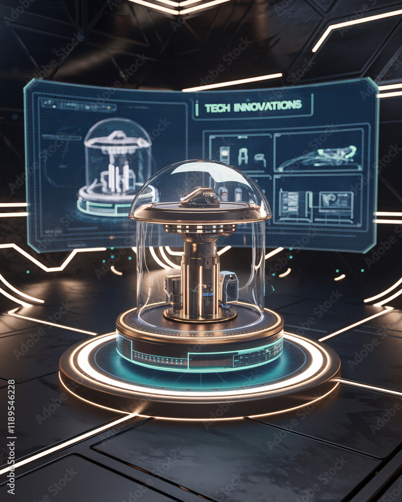 Poster futuristic tech innovation display with holographic interface. a sleek, high-tech environment showca