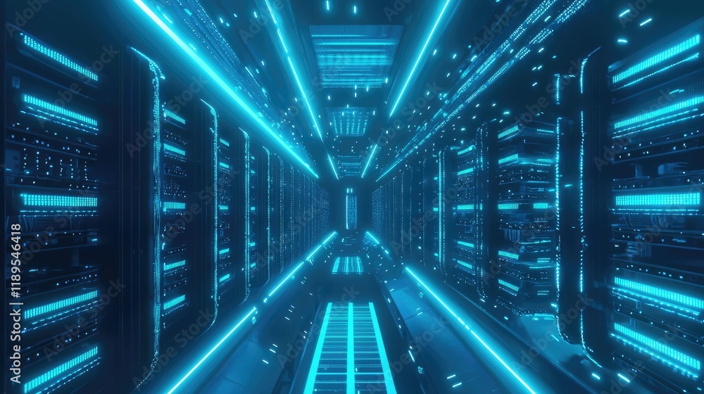 Aufkleber A futuristic digital data center with glowing blue lights and high-tech equipment, symbolizing advanced cloud computing and big data virtual reality concepts. Perfect for cloud computing, big data