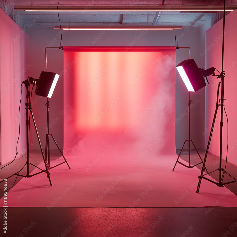 Poster studio photography setup with pink backdrop and atmospheric fog