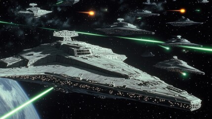 Star Wars space battle scene with multiple star destroyers engaging in space combat.