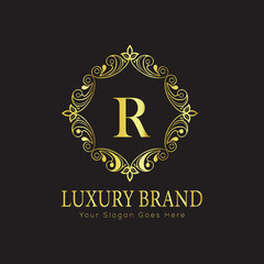 Letter Luxury brand logo design with a royal gold crown emblem and elegant typography
