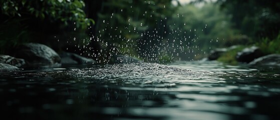 Fototapeta premium Tranquil Stream with Splashing Water in a Lush Forest Setting for Nature and Relaxation Projects