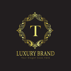 Letter Luxury brand logo design with a royal gold crown emblem and elegant typography
