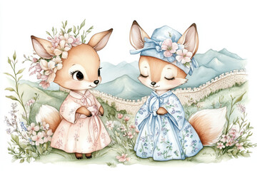 Obraz premium Cute illustrated foxes wearing traditional dresses in floral landscape. scene features soft colors and serene atmosphere, perfect for children art or nursery decor