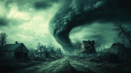 A powerful tornado tears through a rural town, uprooting trees and damaging homes. Dark clouds swirl ominously as debris is lifted into the air, highlighting the intense weather event