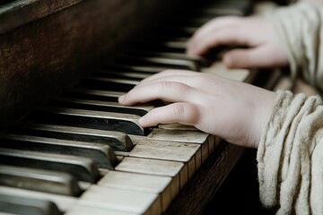 Child playing piano with focused hands on old keyboard