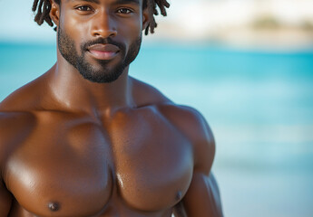 Powerful Gaze: A confident and muscular man with dreadlocks gazes directly at the camera with a calm and captivating intensity, showcasing his strength and presence.