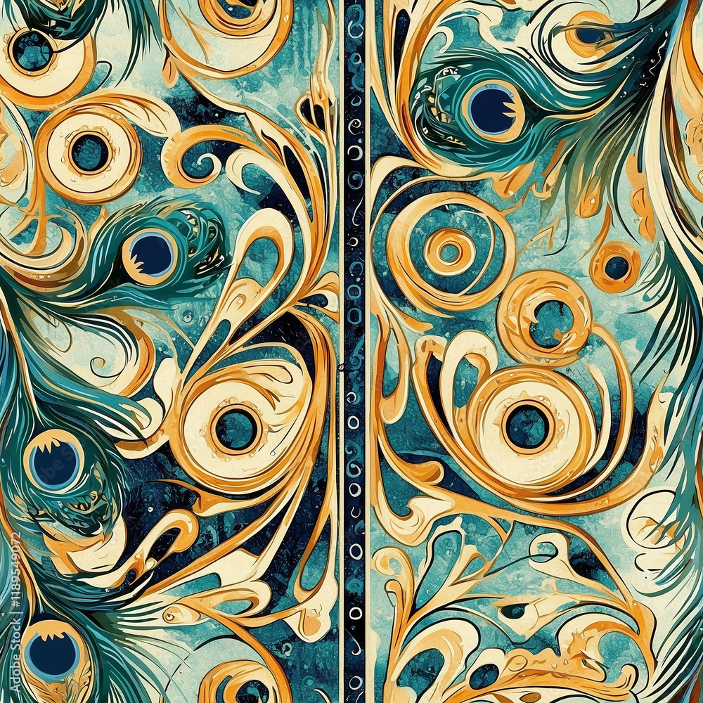 Poster vibrant abstract pattern with swirling shapes in teal, gold, and cream, creating a dynamic and artis
