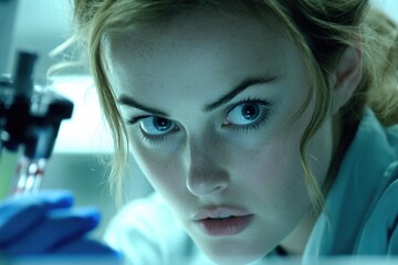 Intense focus of female lab scientist analyzing sample in laboratory setting