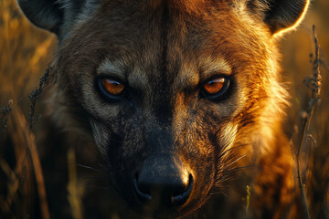 A striking close-up of a hyena in the wild, highlighting its intense gaze and distinctive features. This captivating image showcases the raw beauty of nature&rsquo;s scavenger.