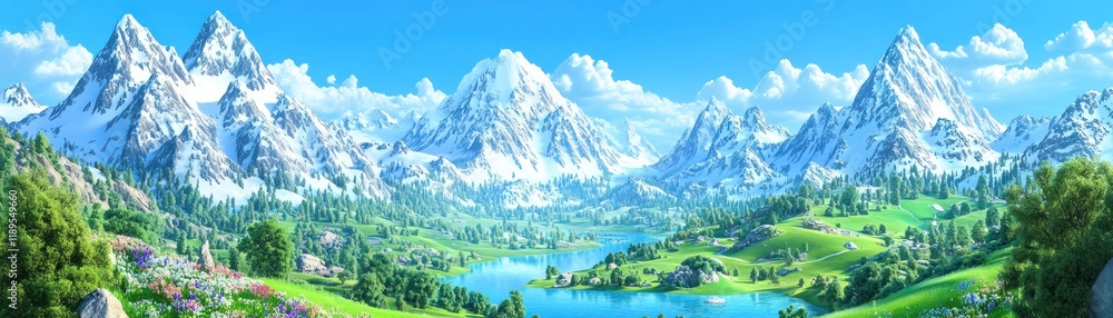 Wall mural Breathtaking Mountain Landscape Featuring a Serene Lake and Vibrant Meadows in Nature