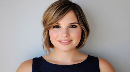 Fototapeta premium Young caucasian female smiling with short hair against gray background