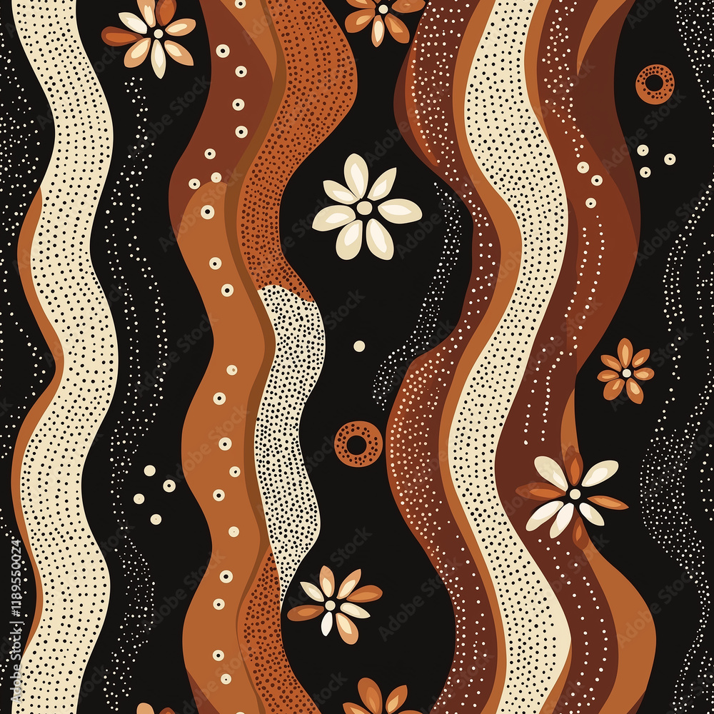 Aufkleber abstract floral pattern with wavy lines in earthy tones on a black background, creating a modern and