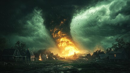 A powerful tornado rips through a rural town, funneling clouds and debris into the air. Trees bend violently and homes are threatened as stormy skies loom. The scene captures nature's raw fury