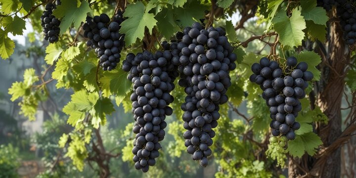 Green and black grapes in full bloom on a dense and lush vine , grapes, dense, black