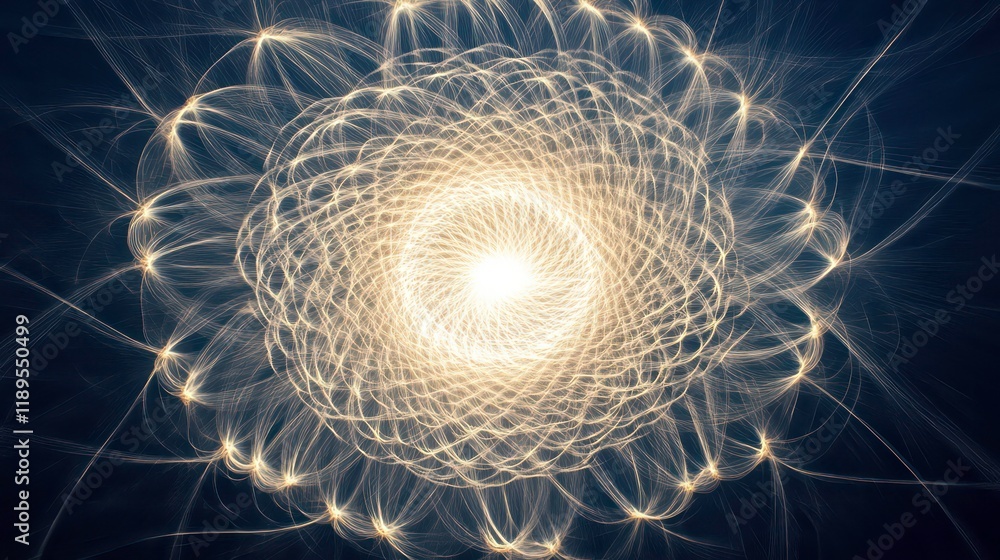 Poster abstract swirling light patterns forming a radiant, glowing mandala-like design on dark background.