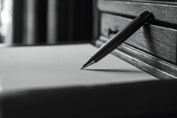 Monochrome pen on paper by wooden drawer