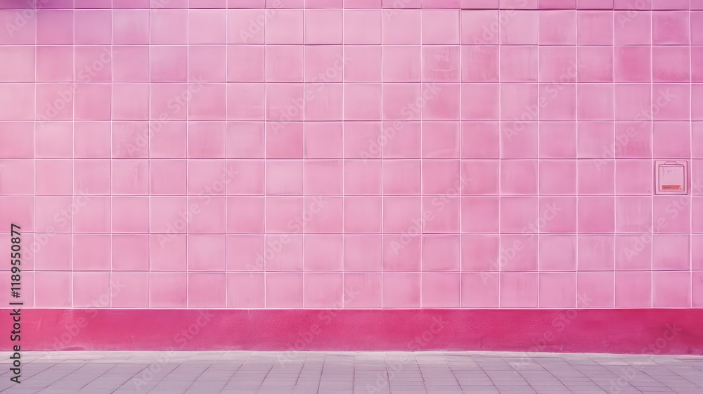 Poster pink tiled wall with a baseboard and pavement.