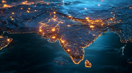 Obraz premium Illuminated India map, night lights, global connectivity, data visualization, background ocean