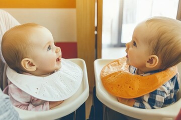 Adorable caucasian babies engaged in playful interaction in high chairs