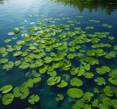 Green duckweed lemna floating on the surface of a tranquil blue river, nature landscapes, duckweed, lemna