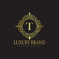 Letter Luxury brand logo design with a royal gold crown emblem and elegant typography
