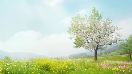 Fototapeta premium a tranquil countryside scene painted with the colors of spring, white space in the center of the page for text, serene and picturesque scenes against a backdrop of seasonal beauty