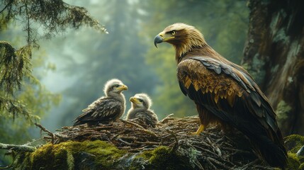 Fototapeta premium Eagle protecting chicks in misty mountain nest