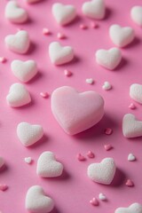 Obraz premium The composition is symmetrical and features a large central focus made up of smaller pink and crimson paper cut-out loveheart shapes, giving it depth and dimension.