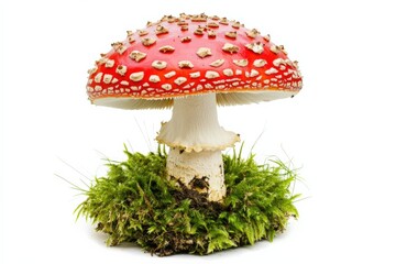 A fly agaric mushroom with red cap and white spots