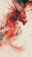 Fiery red dragon amidst swirling clouds and cherry blossoms.