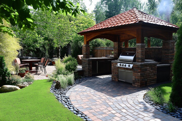 Obraz premium Barbecue Area with Brick Pavement on a Patio