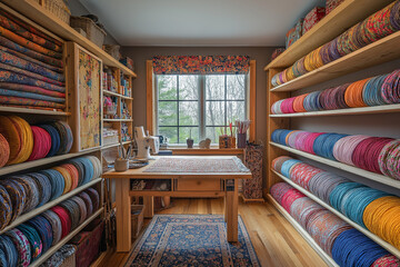 Fototapeta premium Narrow Sewing Room Featuring Under-Table Fabric Storage