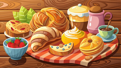 Sweet pastry food breakfast croissants snack bakery on wooden background.